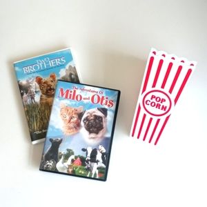 Milo & Otis & Two Brothers DVDs Bundle & 2 New Reusable Popcorn Containers